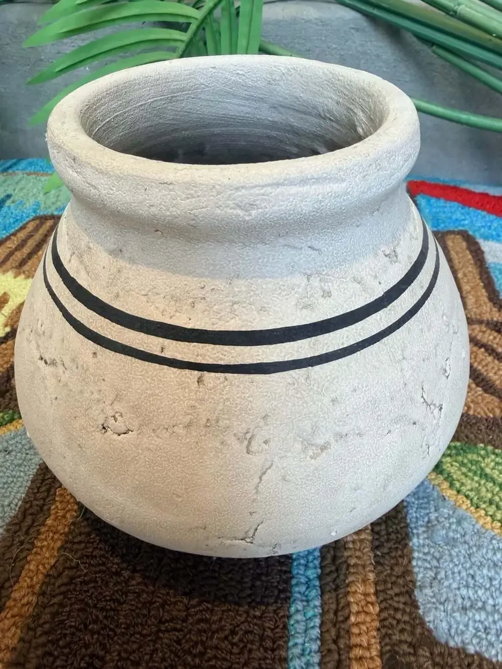 Handmade Rustic Ceramic Vase Planter Pot with Double Black Stripe Accent
